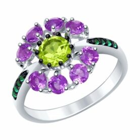 Silver ring with semi-precious stones and synthetic stones