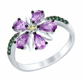 Silver ring with semi-precious stones and synthetic stones