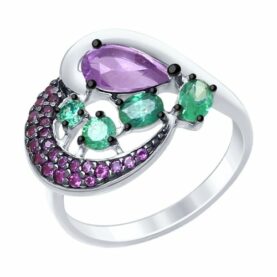 Silver ring with semi-precious stones and synthetic stones