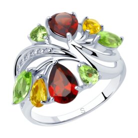 Silver ring with semi-precious stones and synthetic stones