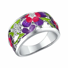 Silver ring with enamel and synthetic stones