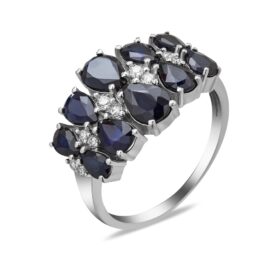 Silver ring with sapphires and synthetic stones
