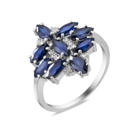 Silver ring with sapphires and synthetic stones